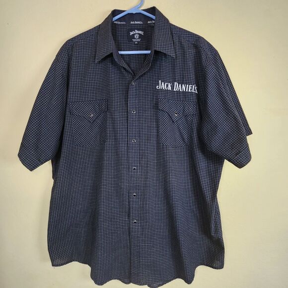 Jack Daniels Old No 7 Pearl Snap Shirt Mens XL Black White Plaid Short Sleeve - Picture 1 of 9